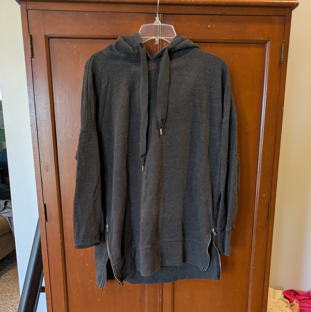 Aerie Charcoal Gray Hoodie Sweatshirt With Zipper Side Detail And Ribbon Pulls